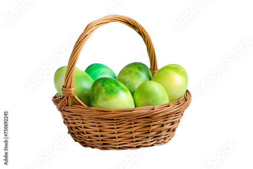 a wicker basket with green Easter eggs, easter decorative motif, isolated on transparent background