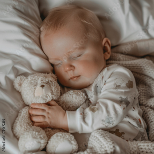 Carefree sleep little baby with a soft toy on the bed ai technology