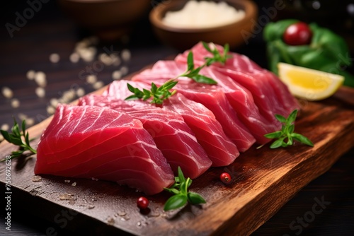 Close up of Fresh raw Tuna fillet steak and sashimi