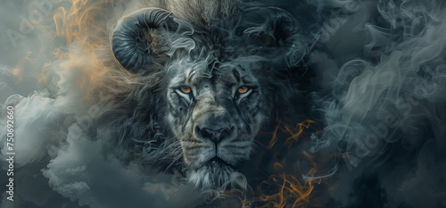 Mystical Lion with Horns Amidst Smoke