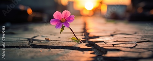 Close up, Pink flower growing on crack street sunset background © Влада Яковенко