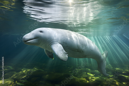 Beautiful Beluga Whale Swimming Tranquilly in a Transparent Underwater Landscape