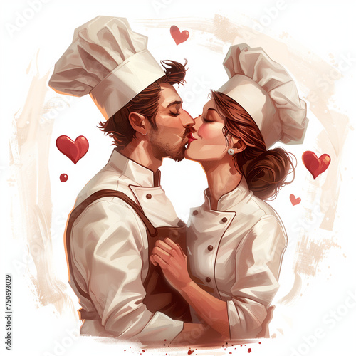 AI image of 2 chefs smooching. chefs kiss.