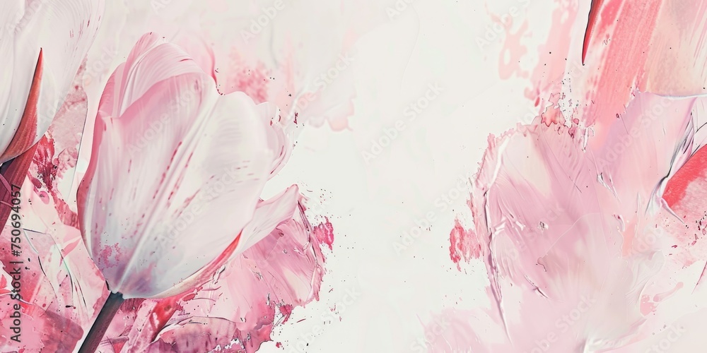 Watercolor Painting of Tulips on the Corners and Margins - White Tulips with Pink Inlays and Pointed Tips - Big Brushstrokes Impressionist Style Tulips Wallpaper created with Generative AI Technology - obrazy, fototapety, plakaty 
