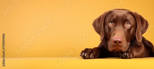 Un chien de race labrador, sur fond jaune, image avec espace pour texte. photo