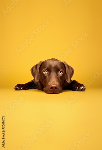 Un chien de race labrador, sur fond jaune, image avec espace pour texte. © David Giraud