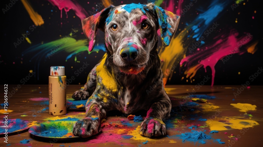 Un chien couvert de peintures colorées, regardant devant lui, taches et éclaboussures. - obrazy, fototapety, plakaty 