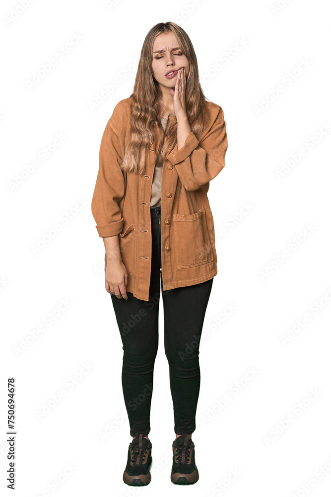 Studio portrait of a blonde Caucasian woman having a strong teeth pain, molar ache. Studio portrait of a blonde Caucasian woman having a strong teeth pain, molar ache.