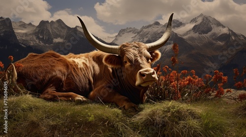 Une vache à longues cornes, couchée dans l'herbe, montagnes en arrière-plan.