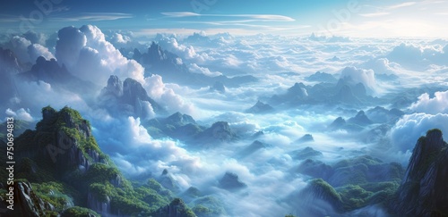 Une illustration d'un paysage montagneux, au dessus des nuages.