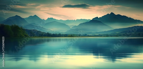Un lac entouré de collines sous un ciel nuageux, image avec espace pour texte.