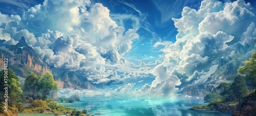 Une illustration d'un lac dans un paysage montagneux, sous un magnifique ciel nuageux. photo