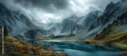 Un lac en haute montagne, sous un ciel gris menaçant. photo