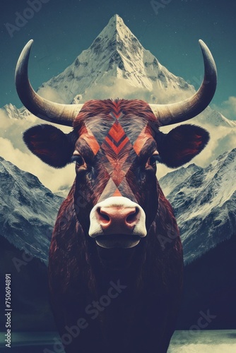 Le portrait d'une vache de race Salers, en haute montagne, image avec espace pour texte. photo