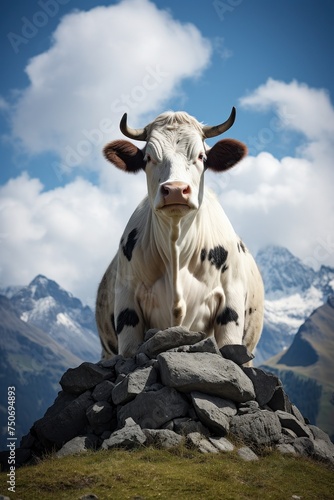 Une vache laitière de race montbéliarde, assise sur un rocher, en haute montagne, image avec espace pour texte.