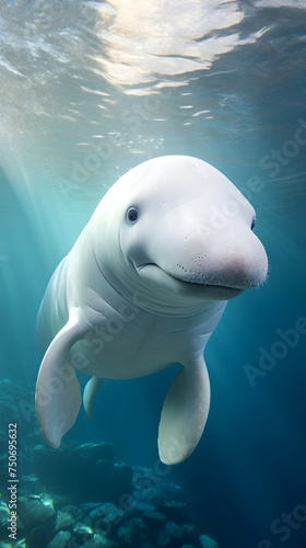 Beautiful Beluga Whale Swimming Tranquilly in a Transparent Underwater Landscape © Jeffery