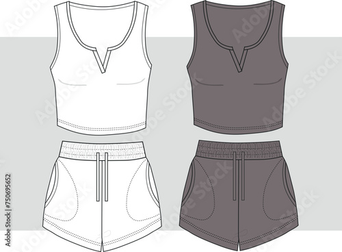 cropped tank top paired with shorts. Sports jersey set. high waist SHORTS NIGHTWEAR SET FOR WOMEN AND TEEN GIRLS IN EDITABLE VECTOR FILE