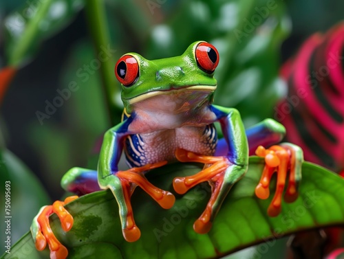 A vivid close-up of a red-eyed tree frog, showcasing its bright colors and detailed texture