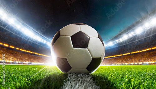 Closeup and bottom view of a leather soccer ball in a soccer field stadium illuminated for a night match. Generative Ai.