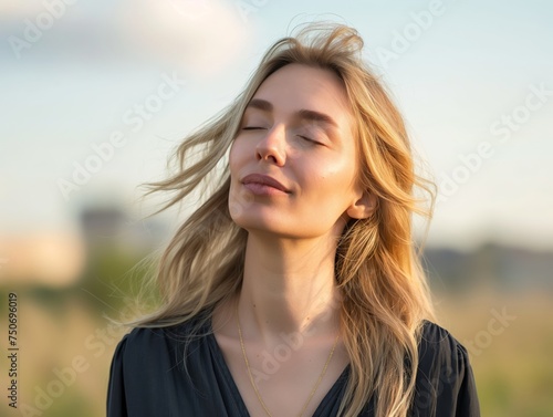 Portrait of a young woman with closed eyes, enjoying the warmth and tranquility of nature, embodying peace and relaxation