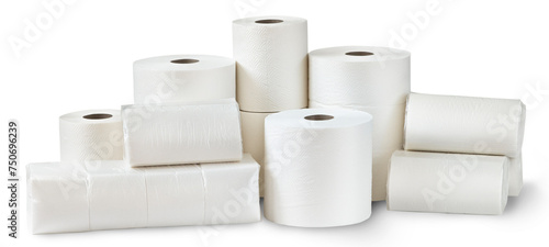 Rolls of toilet paper, paper towels and packs of napkins isolated on white background