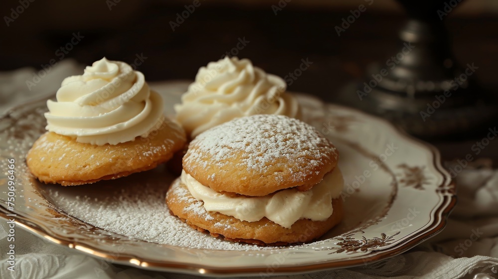 Delicious Cream-Filled Pastries on an Ornate Plate Delicious Cream-Filled Pastries on an Ornate Plate