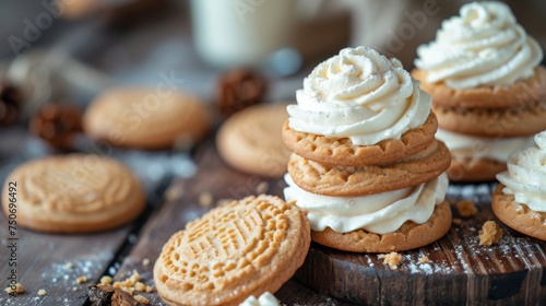 On a wooden surface, a packet of delicious cream-filled cookies surrounded by crumbs and whole cookies