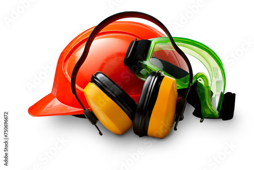 Red safety helmet with earphones and goggles photo
