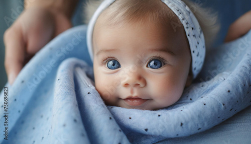 Portrait of a beautiful blue eyed baby boy who is wrapped in a baby blue blanket. He is looking directly at the camera.