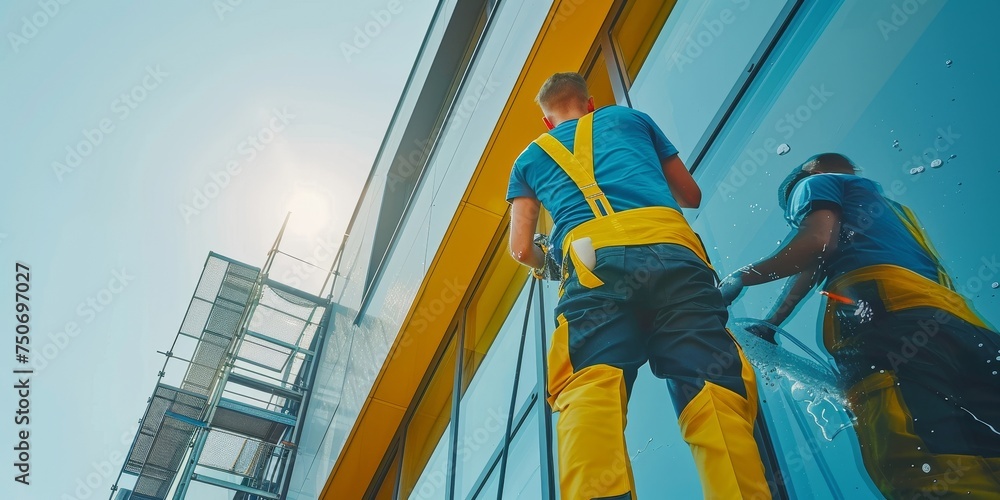 An employee of a professional cleaning service in overalls washes the glass of the windows of the facade of the building An employee of a professional cleaning service in overalls washes the glass of the windows of the facade of the building