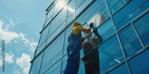 An employee of a professional cleaning service in overalls washes the glass of the windows of the facade of the building