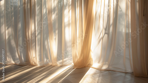 Spring rays of sun penetrate through the curtain into the room