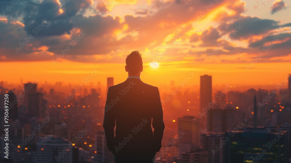 A business man standing with cityscape sunset background