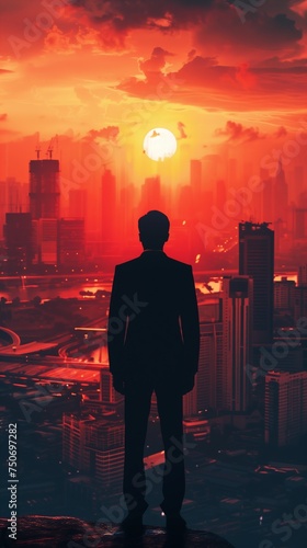 A business man standing with cityscape sunset background