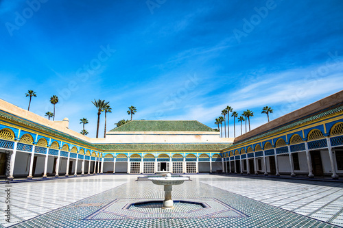 Stunning view of a courtyard in Bahia Palace in Marrakesh, Morocco