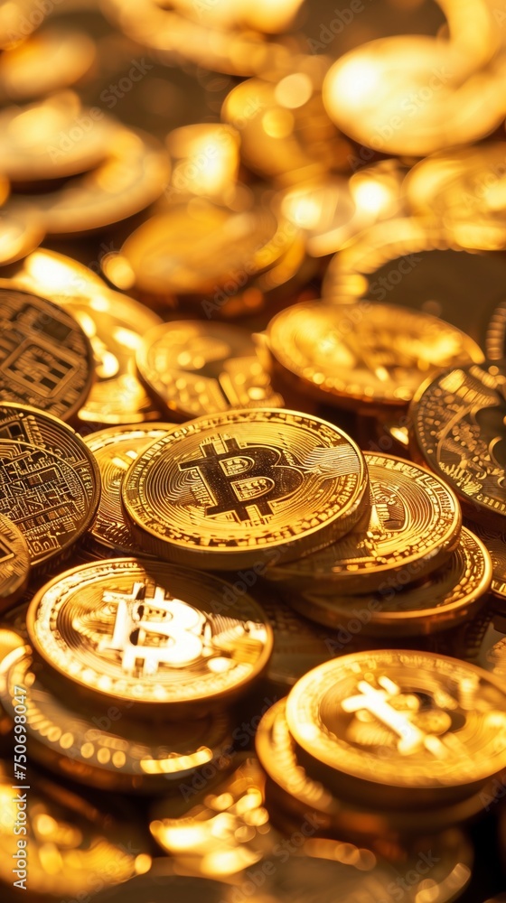 Bitcoin Cryptocurrency represented as Gold Coins. Digital Banking Background Bitcoin Cryptocurrency represented as Gold Coins. Digital Banking Background