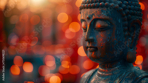 face of buddha statue on bright blurred background © Hamsyfr