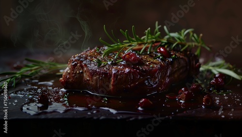 Grilled beef steak, adorned with perfect sear marks, is served on a rustic plate against a dark, elegant backdrop, offering a luxurious gourmet dining experience. Geberative AI