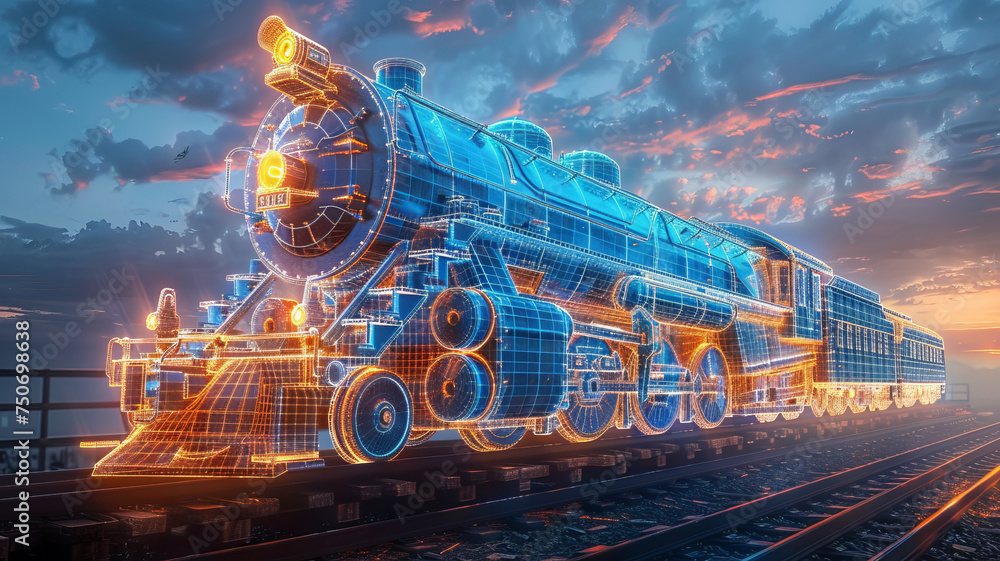 vintage steam train blue wireframe blue prints, old train wireframe standing on the station,generative ai - obrazy, fototapety, plakaty 