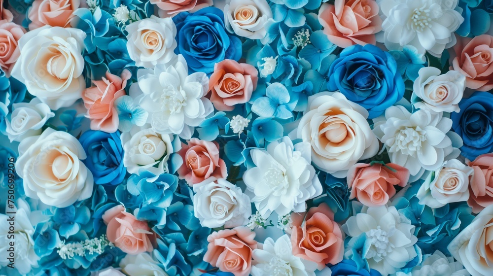 Floral Wallpaper with Multicolored Flowers. Turquoise, Blue and White Roses