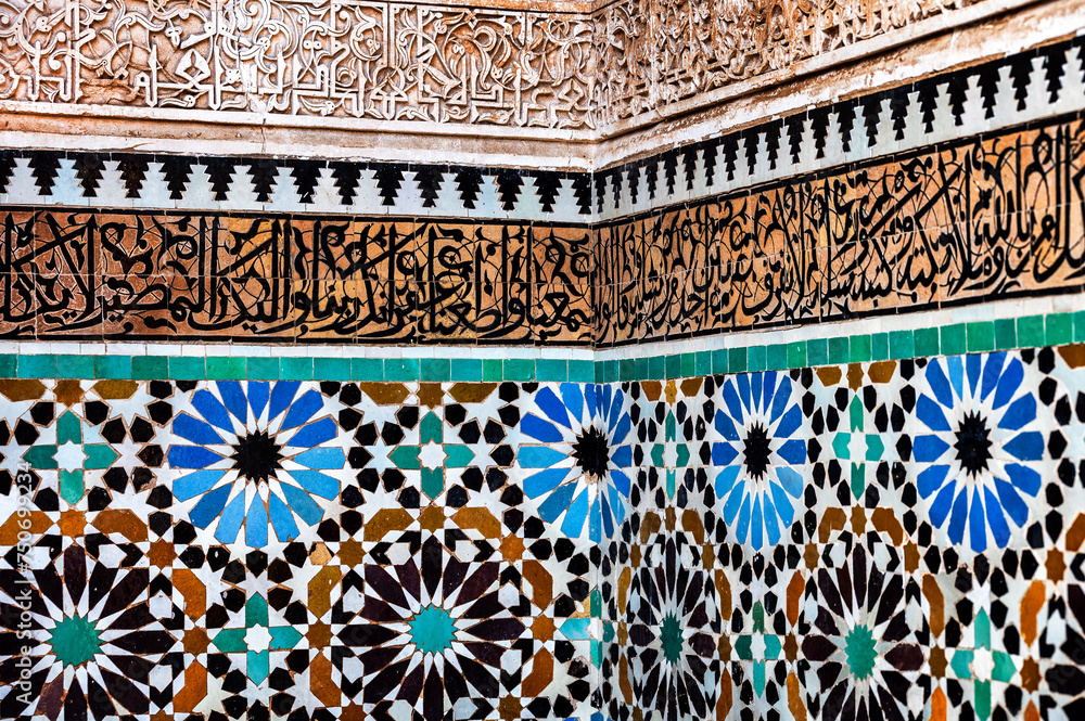 Ornate detailed tiles, known as zellige, in the Saadian Tombs in Marrakesh, Morocco - obrazy, fototapety, plakaty 