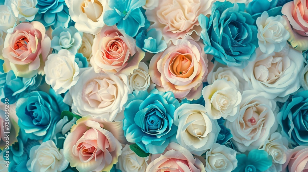 Floral Wallpaper with Multicolored Flowers. Turquoise, Blue and White Roses
