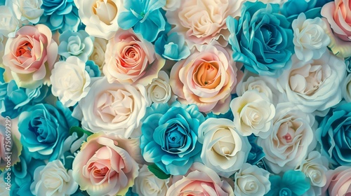 Floral Wallpaper with Multicolored Flowers. Turquoise  Blue and White Roses