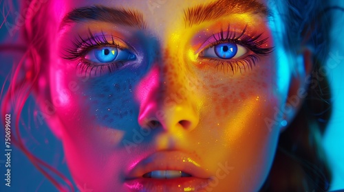 Girl with fair skin, blue eyes, long false eyelashes, bright makeup in neon colors