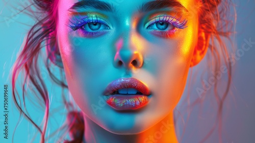 Girl with fair skin, blue eyes, long false eyelashes, bright makeup in neon colors
