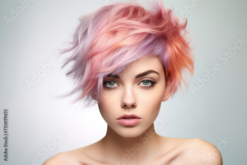 Portrait of a young woman with vibrant multicolored pastel hairstyle