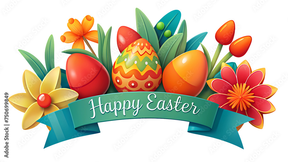 Happy Easter banner with spring flowers on a transparent background. Greeting card. 