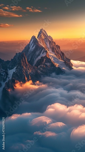Mountain Rising Above the Clouds at the sunrise or sunset. Shot of the Natural World