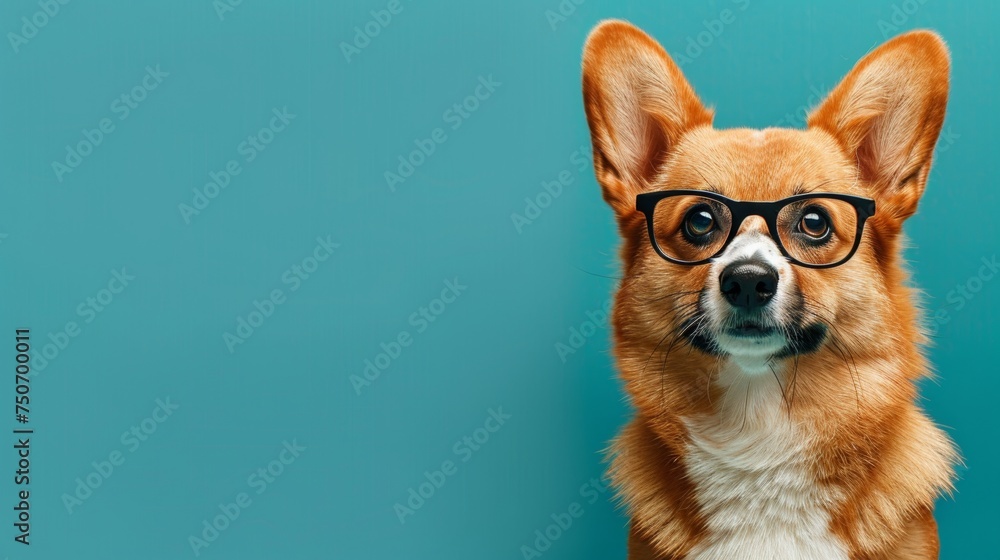 Adorable puppy wearing glasses in studio setting with copy space for text placement