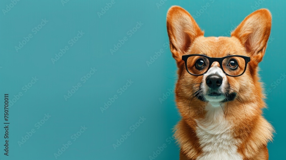 Adorable puppy wearing glasses in studio setting with copy space for text placement Adorable puppy wearing glasses in studio setting with copy space for text placement